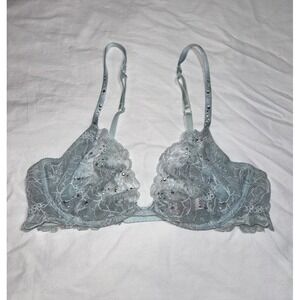Rare‎ Victoria's Secret Angels Unlined Plunge Bra 34B Light Blue Lace Rhinestone